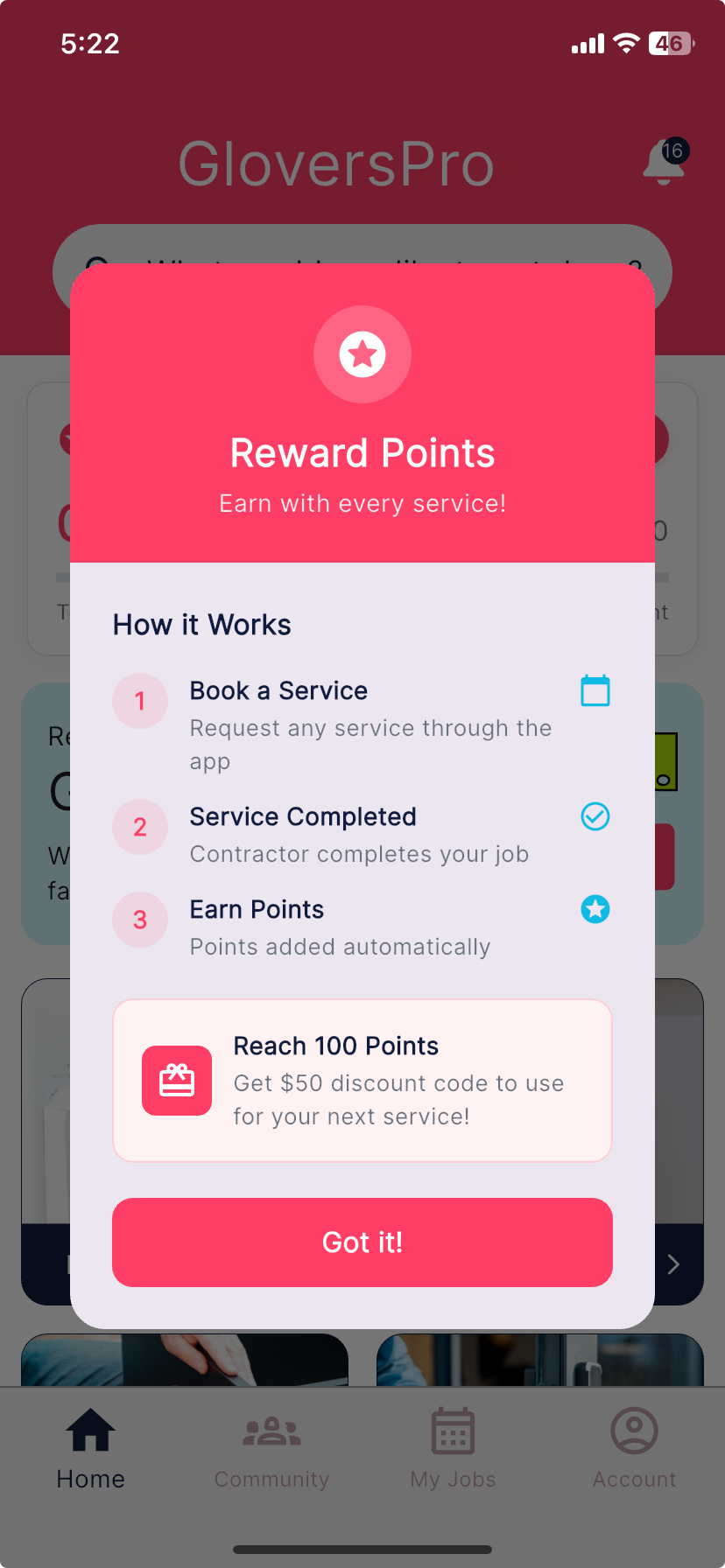 GloversPro rewards screen